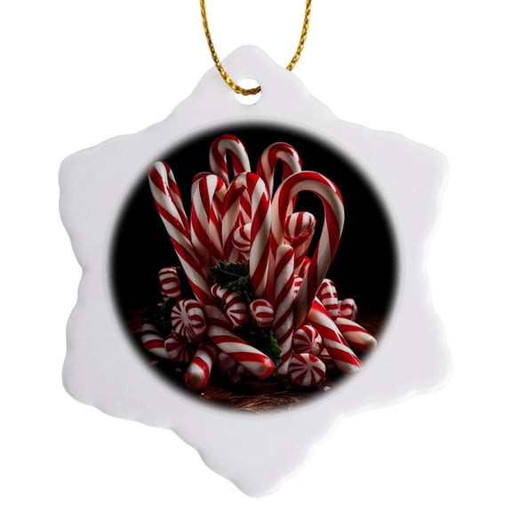 3drose, Photograph of a Cluster of Candy Canes, Peppermint Sticks, and Mints., 3 inch Snowflake Porcelain Ornament