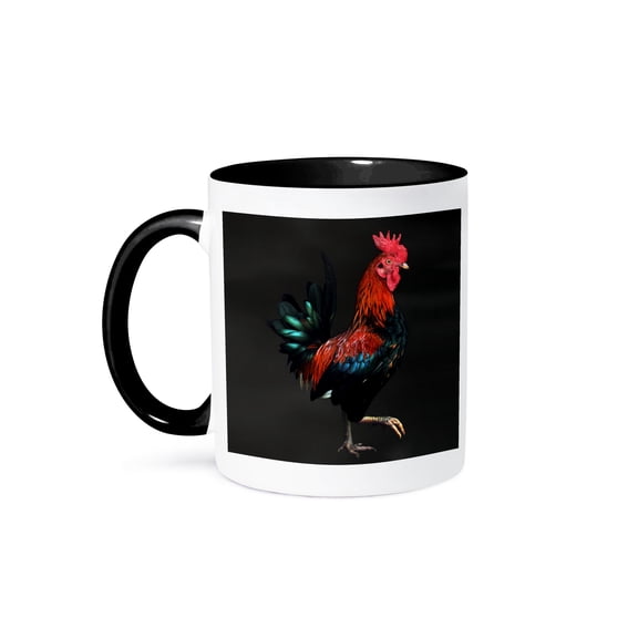 Photograph Of A Colorful Male Rooster Strutting His Stuff. , 15oz Two-Tone Black Mug