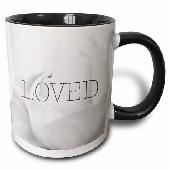 3drose, Photograph of a Faded Black and White Rose with Loved Written in Black, 15oz Two-tone Black Mug