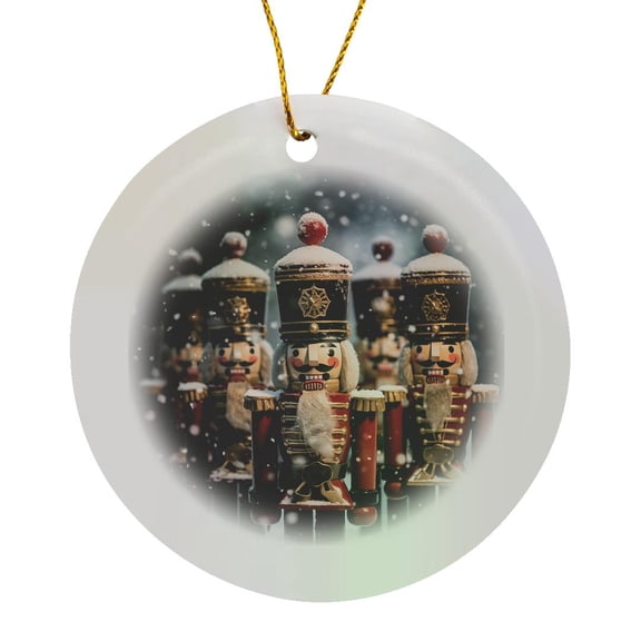 3drose, Photograph of a Group of Nutcracker Soldiers Lined up in the Snow., Circle Porcelain Ornament