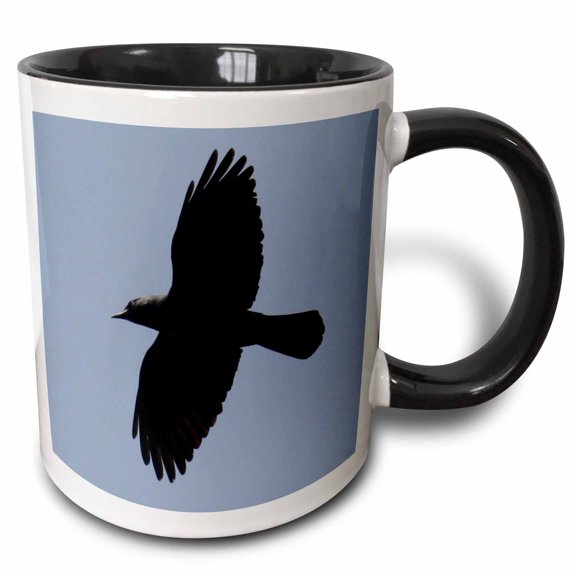 3drose, Photograph of a Jackdaw Crow in Flight Against Clear Blue Sky, 11oz Two-tone Black Mug