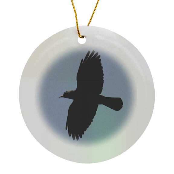 3drose, Photograph of a Jackdaw Crow in Flight Against Clear Blue Sky, Circle Porcelain Ornament