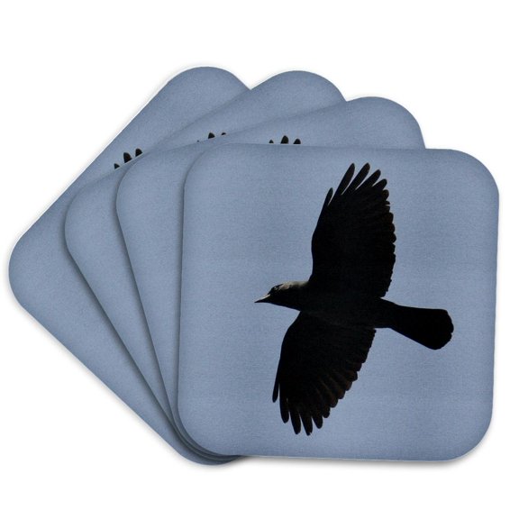 3drose, Photograph of a Jackdaw Crow in Flight Against Clear Blue Sky, Set of 4 Coasters - Soft