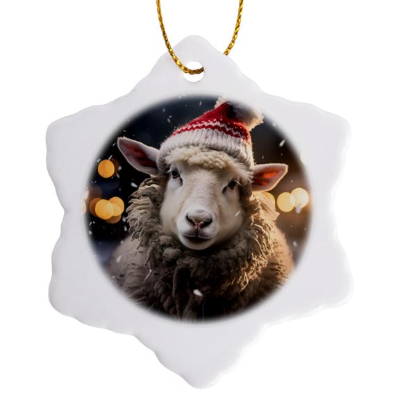 3drose, Photograph of a Sheep Wearing a Red and White Winter Hat in the Snow., 3 inch Snowflake Porcelain Ornament