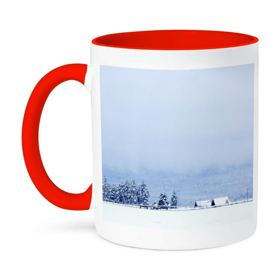 3dRose, Photograph Of A Snowy Farm Scene, 15oz Two-Tone Red Mug