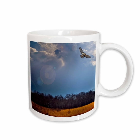 3drose, Photograph of a Young Red Tailed Hawk Flying over a Field., 15oz Mug