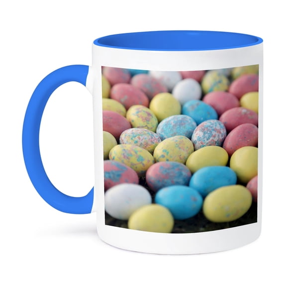3dRose, Photograph of an abundance of pastel colored easter egg candies., 15oz Two-Tone Blue Mug