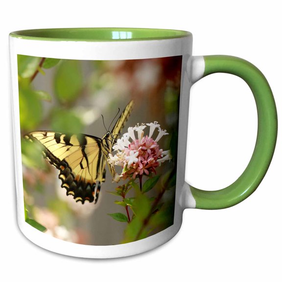 3drose, Photograph of an Eastern Tiger Swallowtail with Wings Out on Abelia., 11oz Two-tone Green Mug