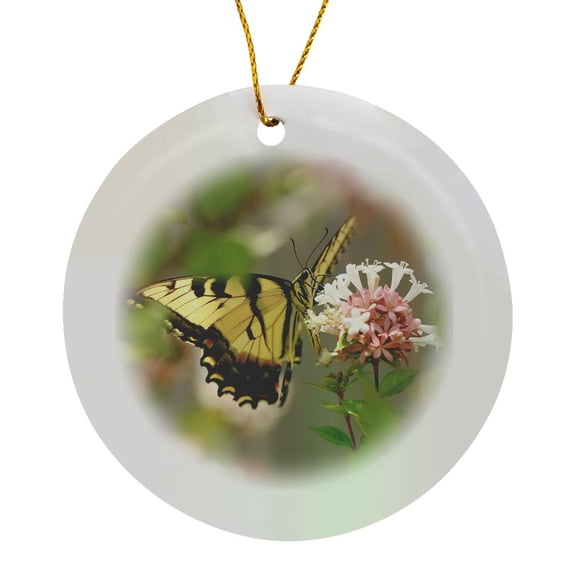 3drose, Photograph of an Eastern Tiger Swallowtail with Wings Out on Abelia., Circle Porcelain Ornament