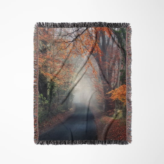 Photograph Of Colorful Autumn Trees Along Windy Road., Woven Blanket