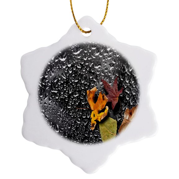 3drose, Photograph of Four Autumn Leaves on a Rain Splattered Background, 3 inch Snowflake Porcelain Ornament