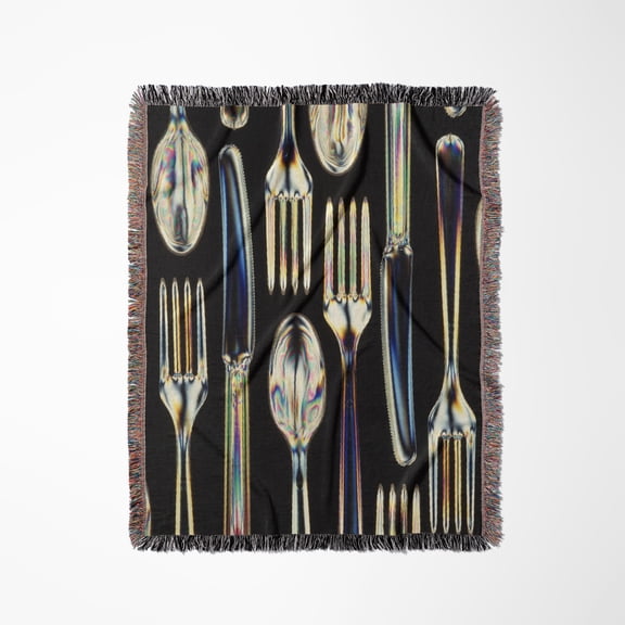 Photograph Of Knives Forks And Spoons In Decorative Pattern Layout, Woven Blanket