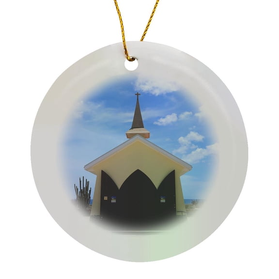 3drose, Photograph of the Small, Yellow Alto Vista Chapel in Noord, Aruba., Circle Porcelain Ornament
