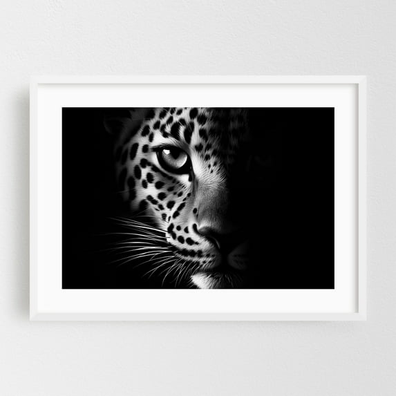 Photograph of a leopard among shadows 01 - Photography Animal Wildlife Black and White Nature Portrait Silhouette White Framed Wall Art Print 24 x 36 inches