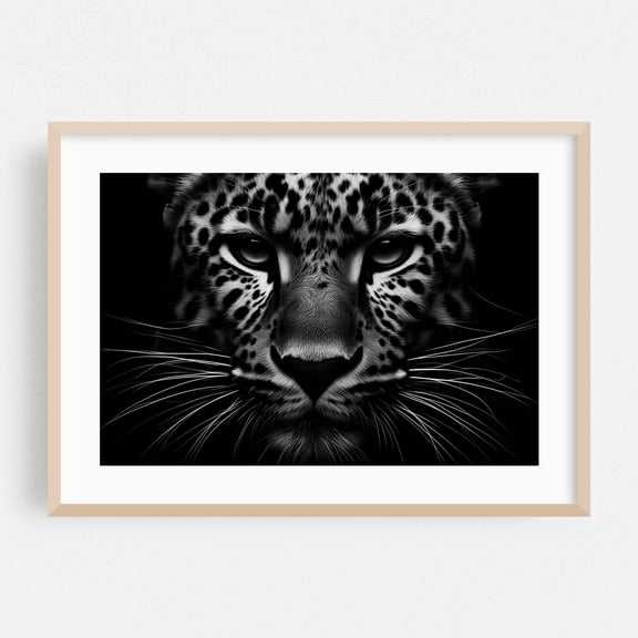 Photograph of a leopard among shadows 02 - Photography Wildlife Black and White Animal Tiger Portrait Nature Moody Oak Framed Wall Art Print 16 x 24 inches