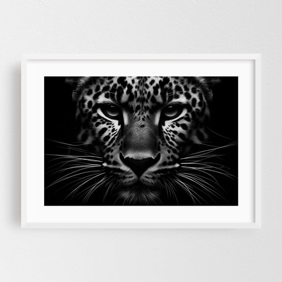 Photograph of a leopard among shadows 02 - Photography Wildlife Black and White Animal Tiger Portrait Nature Moody White Framed Wall Art Print 16 x 24 inches