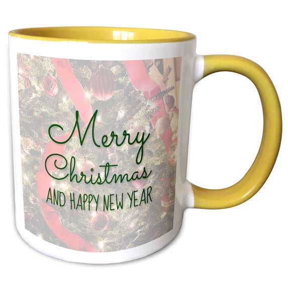Photograph of a Christmas Tree. Merry Christmas and Happy New Year. 15oz Two-Tone Yellow Mug mug-302433-13