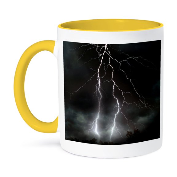 3dRose, Photograph of a lightning strike during a thunderstorm., 11oz Two-Tone Yellow Mug