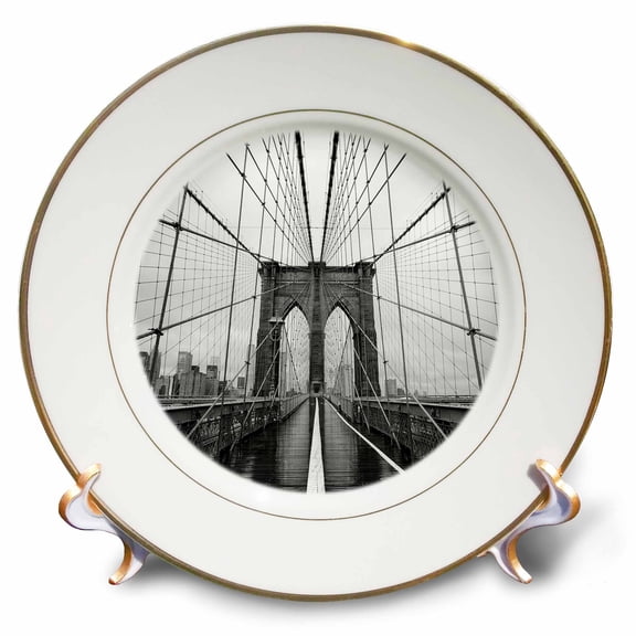 3dRose, Photograph of the Brooklyn Bridge in black and white., 8 inch Porcelain Plate