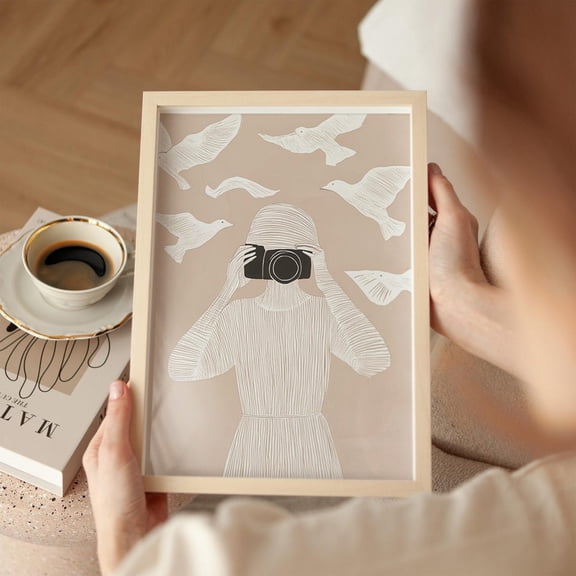 Photographer Art Print, Minimalist Woman With Camera, Beige And White, Modern Abstract Figure, Birds In Flight Wall Art, Modern Wall Decor, 24x36 UNFRAMED