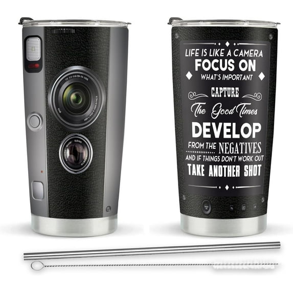 Photographer Gifts, Cool Gifts for Photographers, Camera Lens Coffee Mug for Photographers on Birthday Christmas, 20oz Stainless Steel Insulated Tumbler Cup
