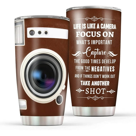 Photographer Gifts For Men Women Coffee Tumbler, 20oz Vintage Print Camera Tumblers, Photographer Insulated Travel Cup With Motivational Sayings, Birthday Christmas Ideas Gifts for Cameraman Friends