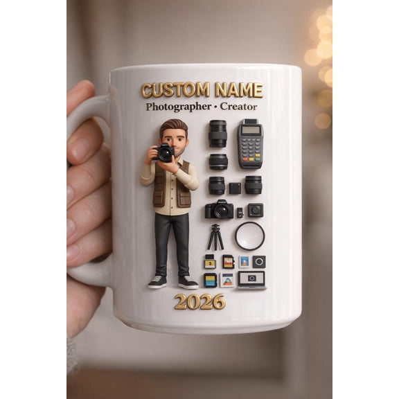 Photographer Mug 3D Embossed Custom Name, Camera Lover Gift, Photography Coffee Mug, Photographer Gift Idea, Creator Mug 2026
