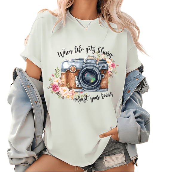When Life Gets Blurry Adjust Your Focus Graphic Tees Watercolor Floral Photography Camera Pattern Tops White,XL