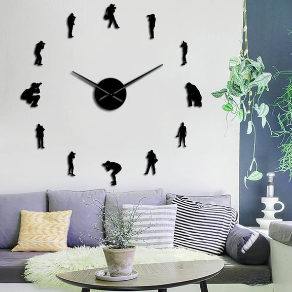 Photographers Hobby Decor Wall Art DIY Large Wall Clocks Cool Cameramen Frameless Wall Clock With Mirror Lensman Number Stickers(Black,27inch)