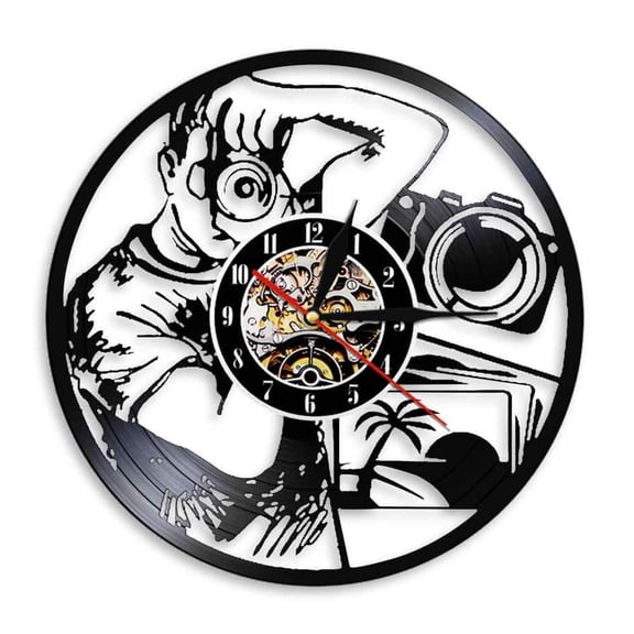 Photographers Wall Clock Taking Picture with Camera Photography Studio Wall Decor Vinyl Record Clock Shutterbug Cameramen Gift Without LED