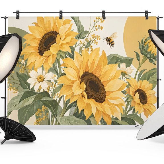 Photography Backdrop Cartoon Yellow Sunflowers Photo Background 5x7ft,Portrait Photo Props Booth Background Photoshoot Studio, Farm Floral Art Bees Photography Backdrops for Video Party