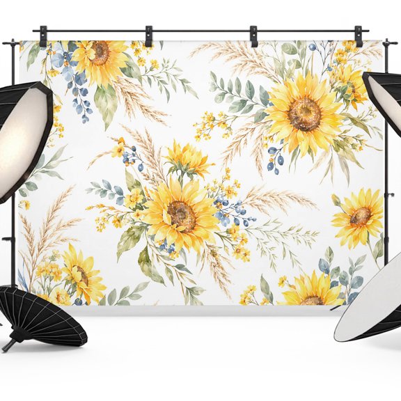 Photography Backdrop Farmhouse Sunflower Photo Background 5x7ft,Portrait Photo Props Booth Background Photoshoot Studio, Rustic Yellow Flower Leaf Botanical Photography Backdrops for Video Party