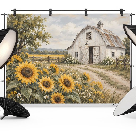 Photography Backdrop Farmhouse Sunflowers Photo Background 5x7ft,Portrait Photo Props Booth Background Photoshoot Studio, Rustic White Barn Wooden Fence Photography Backdrops for Video Party