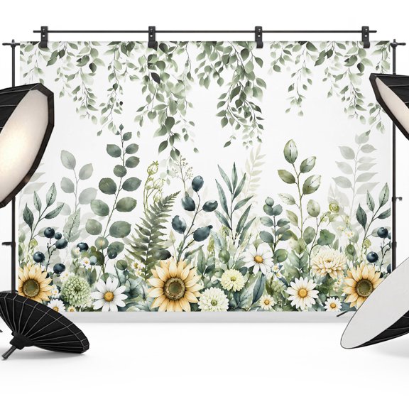 Photography Backdrop Green Leaves Sunflower Photo Background 5x7ft,Portrait Photo Props Booth Background Photoshoot Studio, Rustic Daisy Floral Leaf Photography Backdrops for Video Party
