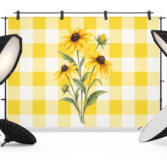 Photography Backdrop Pastoral Yellow Sunflower Photo Background 6x8ft,Portrait Photo Props Booth Background, Farmhouse Flower Plant Buffalo Plaid Photography Backdrops for Video Party