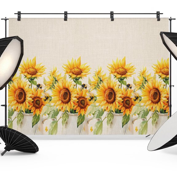 Photography Backdrop Summer Sunflower Watercolor Photo Background 5x7ft,Portrait Photo Props Booth Background Photoshoot Studio, Farm Plant Retro Linen Photography Backdrops for Video Party