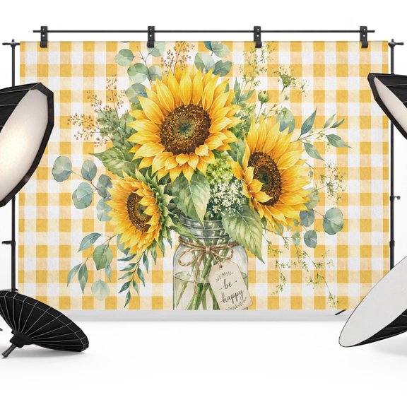Photography Backdrop Summer Watercolor Sunflower Photo Background 5x7ft,Portrait Photo Props Booth Background, Rustic Floral Leaf Yellow Checker Photography Backdrops for Video Party
