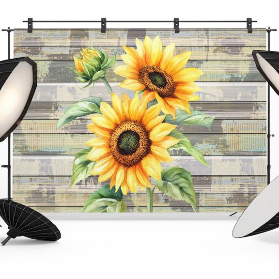 Photography Backdrop Watercolor Sunflower Green Leaves Photo Background 5x7ft,Portrait Photo Props Booth Background Photoshoot Studio, Farm Retro Wood Board Photography Backdrops for Video Party