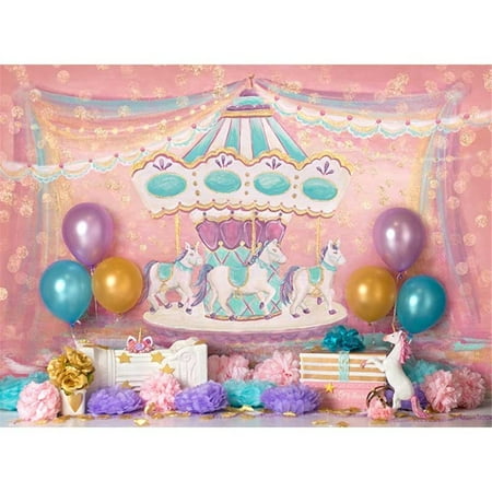 Photography Background 7x5ft Pink Merry-go-round Birthday Background Backdrop for Kids Unicorn Gold Balloons Birthday for Pictures