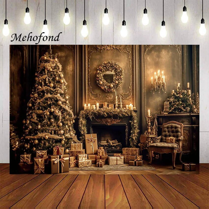Photography Background Vintage Christmas Fireplace Interior Xmas Tree ...
