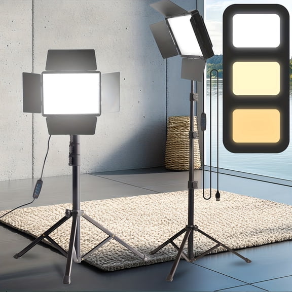 Photography Lighting Set, Studio Fill Lights with 51" Adjustable Tripod, 10" Square LED, Dimmable 3 Colors, 4 Baffles, for Video/Photo/Conference/Selfie/Live