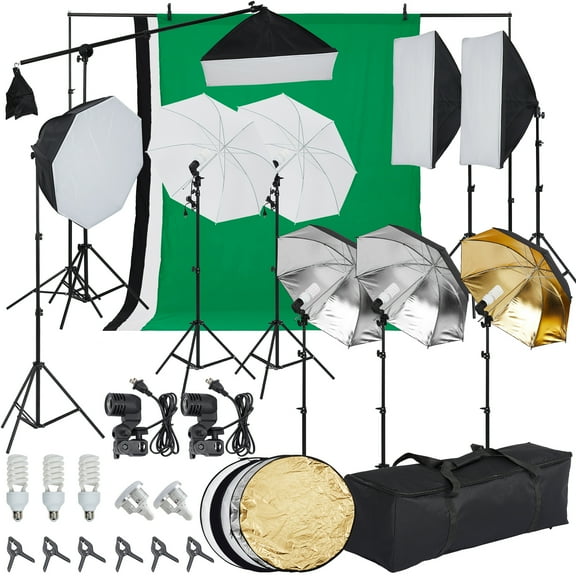 Photography Lighting kit with Backdrops, 8.5ftx10ft Backdrop Stand, 5 tripod stands and Bulb, Umbrella Softbox Continuous Lighting, Photo Studio Equipment for Portrait Product Photo Shoot