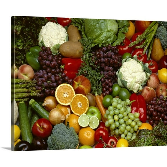 Great Big Canvas "Produce, Spread of mixed fruits and vegetables" Orange Burgundy Wrapped Canvas Print Wall Artwork