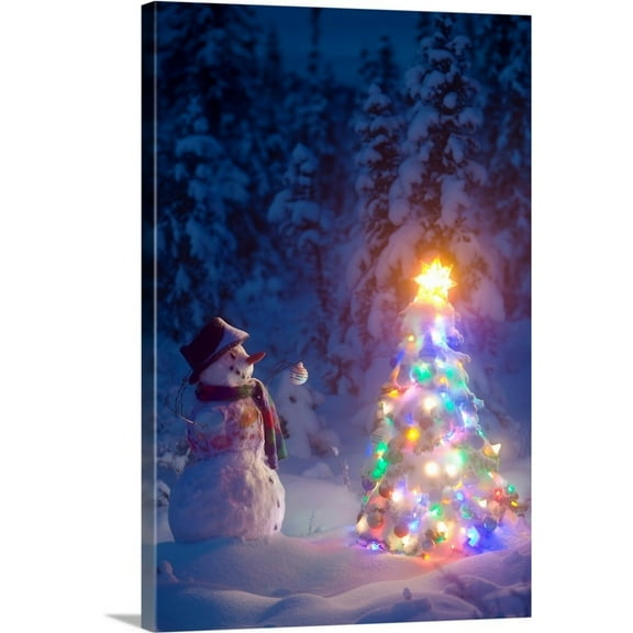 Great Big Canvas "Snowman stands in a snowcovered spruce forest next to a decorated Christmas tree"  by Kevin Smith Pale Blue Lilac   Wrapped Canvas Print Wall Artwork