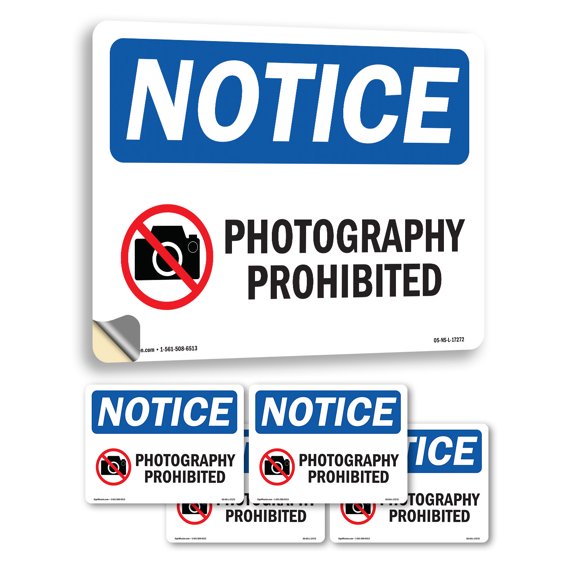 Photography Prohibited With Symbol OSHA Notice Vinyl Decal Label 24 Inch x 18 Inch - 5 Pack