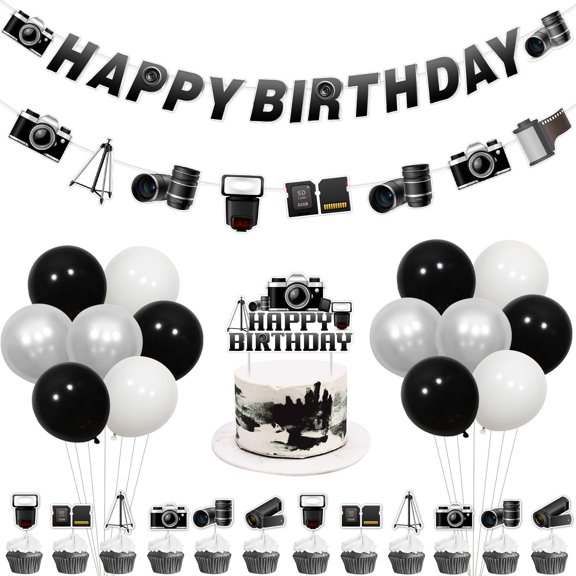 Photography Theme Birthday Party Decor Kit Banner Garland Balloon Cake Topper 15pcs 1 Pack