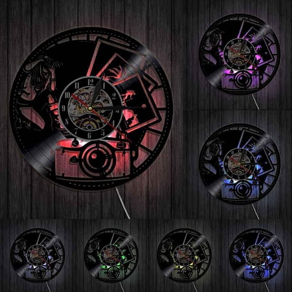 Photography Vinyl Record Wall Clock Home Decor Shutter Lens Film Camera Digital Retro Photo Shoot Art Photographer Wall Clock With LED