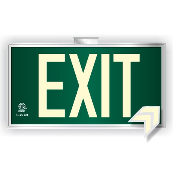 Photoluminescent Exit Sign Green Framed Flag / Ceiling Mount / Code Approved UL 924 / IBC / NFPA | Item FRUL-BR-050-G