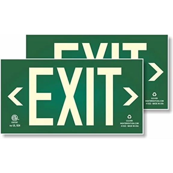 Photoluminescent Exit Sign Green - Pack of 2 - Aluminum - UL 924 Code Approved/IBC/NFPA 101 / Part Number ULG-050 II$$Safety & Emergency