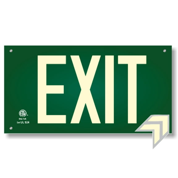 Photoluminescent Exit Sign Green W/Holes and Hardware - Aluminum Code Approved UL 924 / IBC / NFPA 101 | Item ULG-050-HH